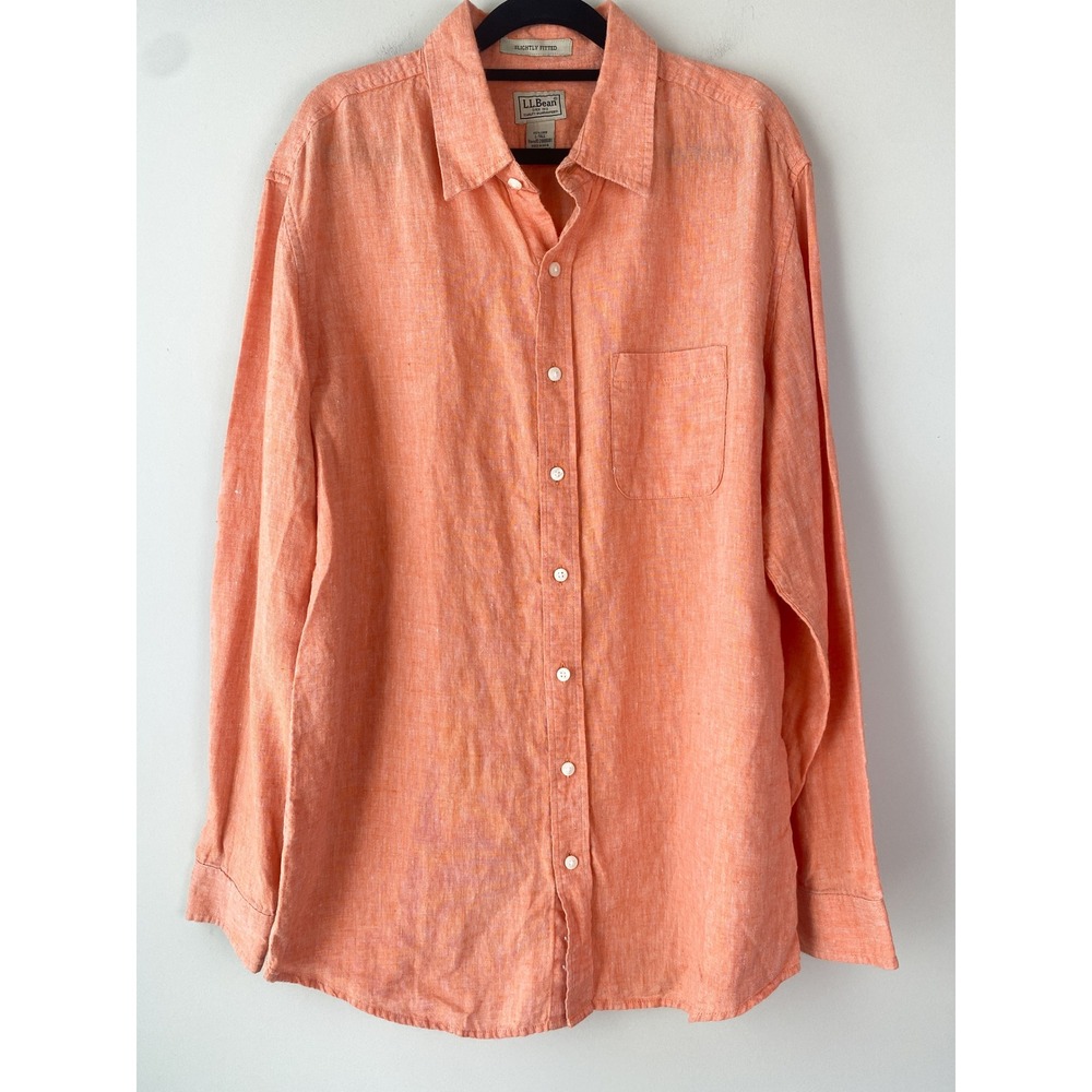 LL Bean Mens Linen Shirt L Tall Orange Long Sleeve Slightly Fitted Coastal Prep
